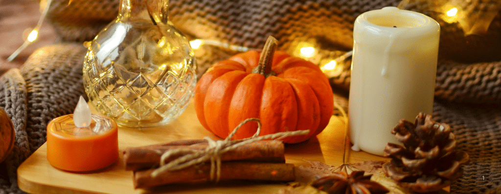 photo with orange pumpkin, cinnamon sticks and fairy lights