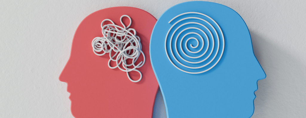 pink and blue profiles with brains